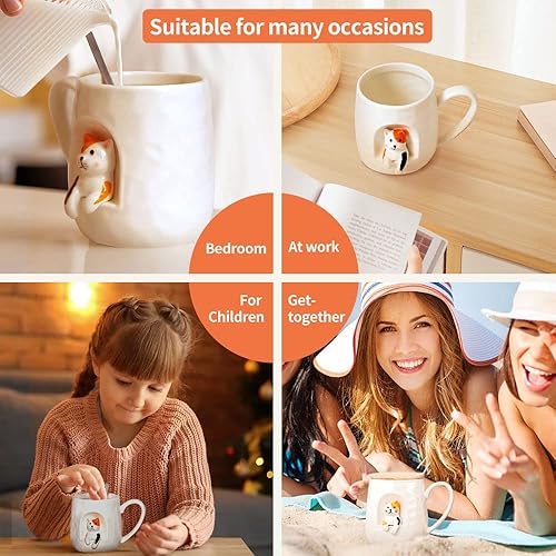 Miniatura 6 de Taza de café de cerámica, diseño de gato 3D con tapa y cuchara a juego, taza hecha a mano de dibujos animados para té, leche y chocolate, jugo