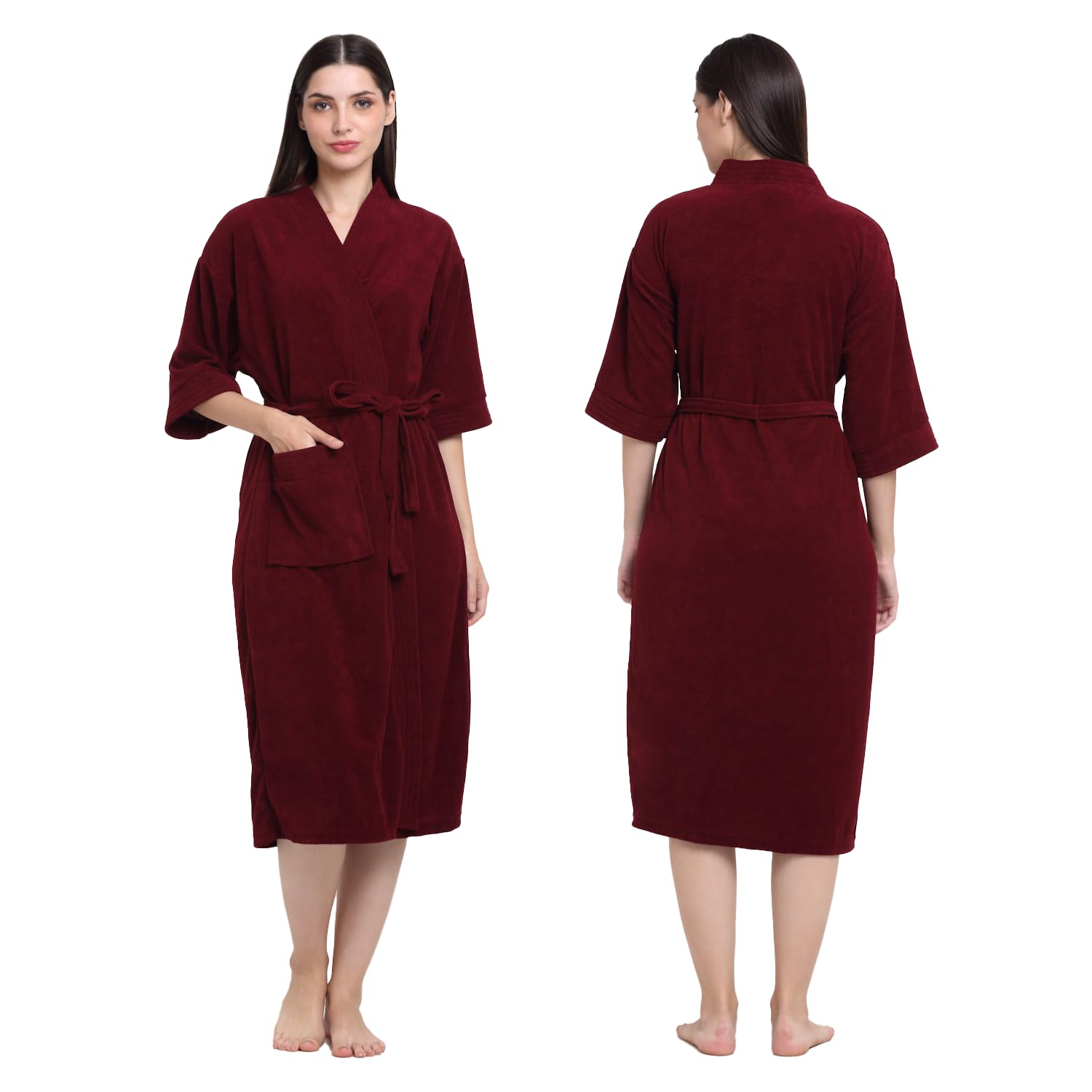 Everyday Unisex Micro Terry Bathrobe Collection With kimono collar and 1 Pocket, 3/4 Sleeve Bath Robe Super Soft Light Weight - Wine