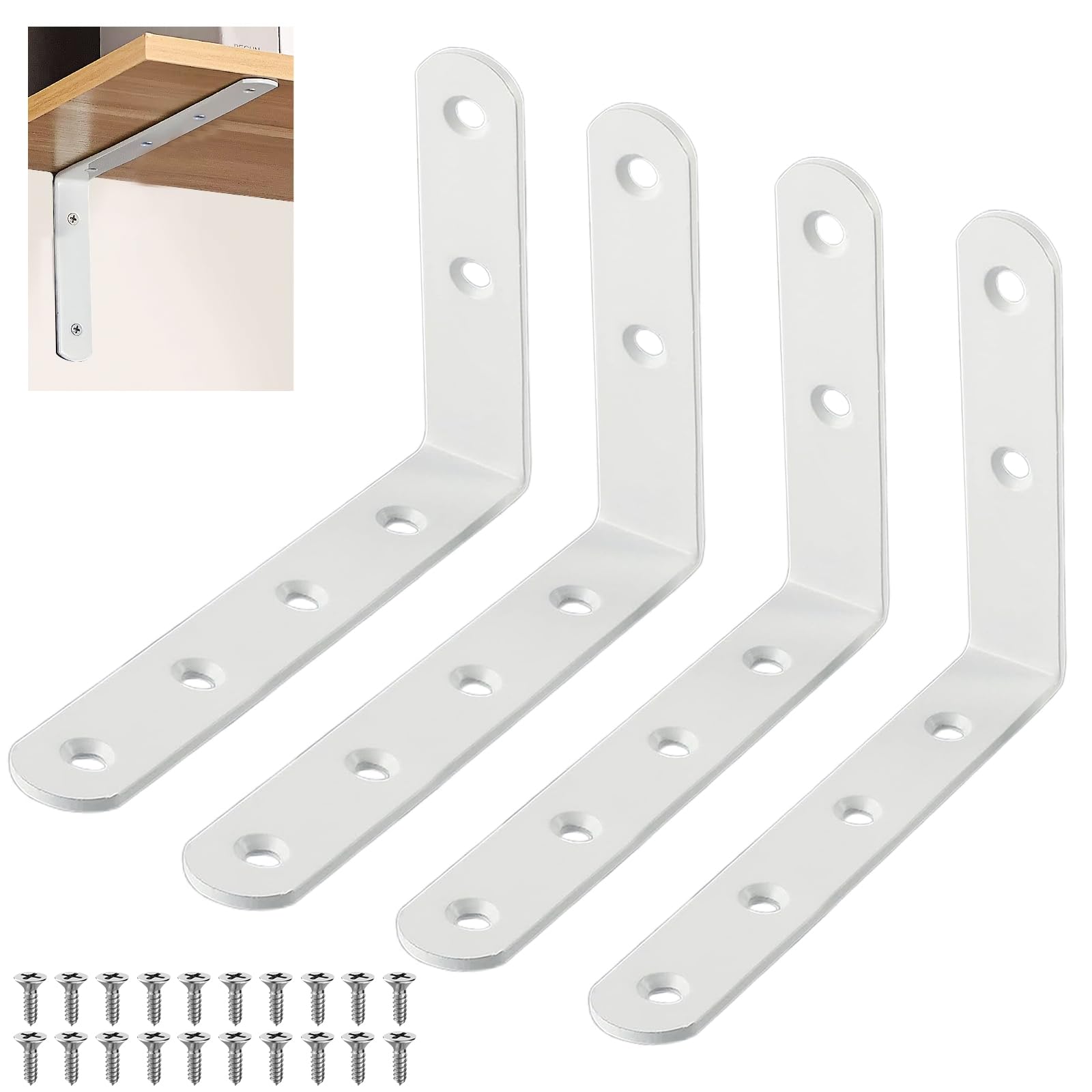 4 Piezas Escuadras para Estanterias Blanco,Soporte de Pared en L de 90 Grados,Escuadra de Estantería de Alta Resistencia,con Tornillos de Fijación,para Soportes de Pared,Fijo Mueble de Madera