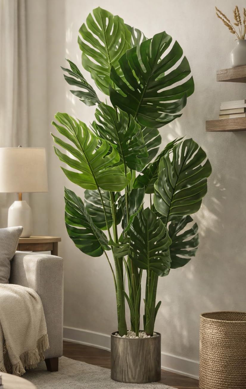 KAYKON 5.6 Feet Artificial Monstera Plant 3 Trunks 15 Leaves Real Looking Big Artificial Plant Without Vase for Home Decor Hotel Decor Luxury Collection -170cm-image-10
