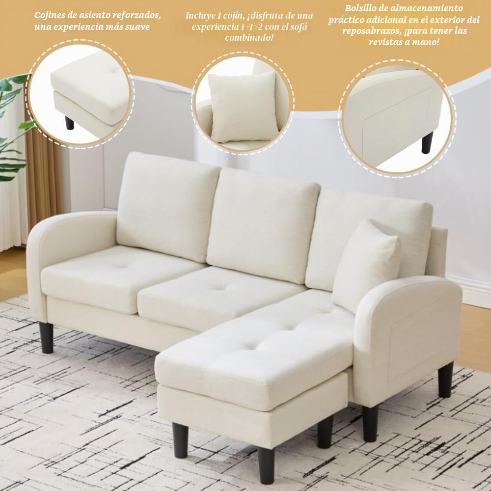 Sofá esquinero en forma de L con chaise longue, sofá de 3 plazas, 166 x 118 x 77 cm, tela transpirable de algodón y lino, patas de plástico, diseño modular, ideal para salas de estar (Beige