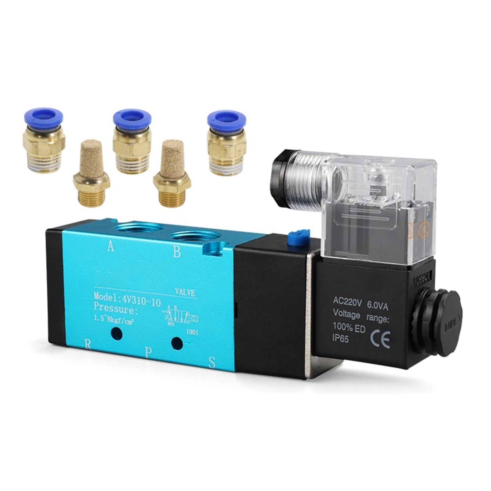 Válvula solenoide neumática de 5 puertos, 5 vías, 2 posiciones, 8 mm, 10 mm, 12 mm, conexión de manguera, control eléctrico, válvula magnética de aire y gas, 12 V, 24 V, 220 V(With-8mm-Fitting,DC12V)