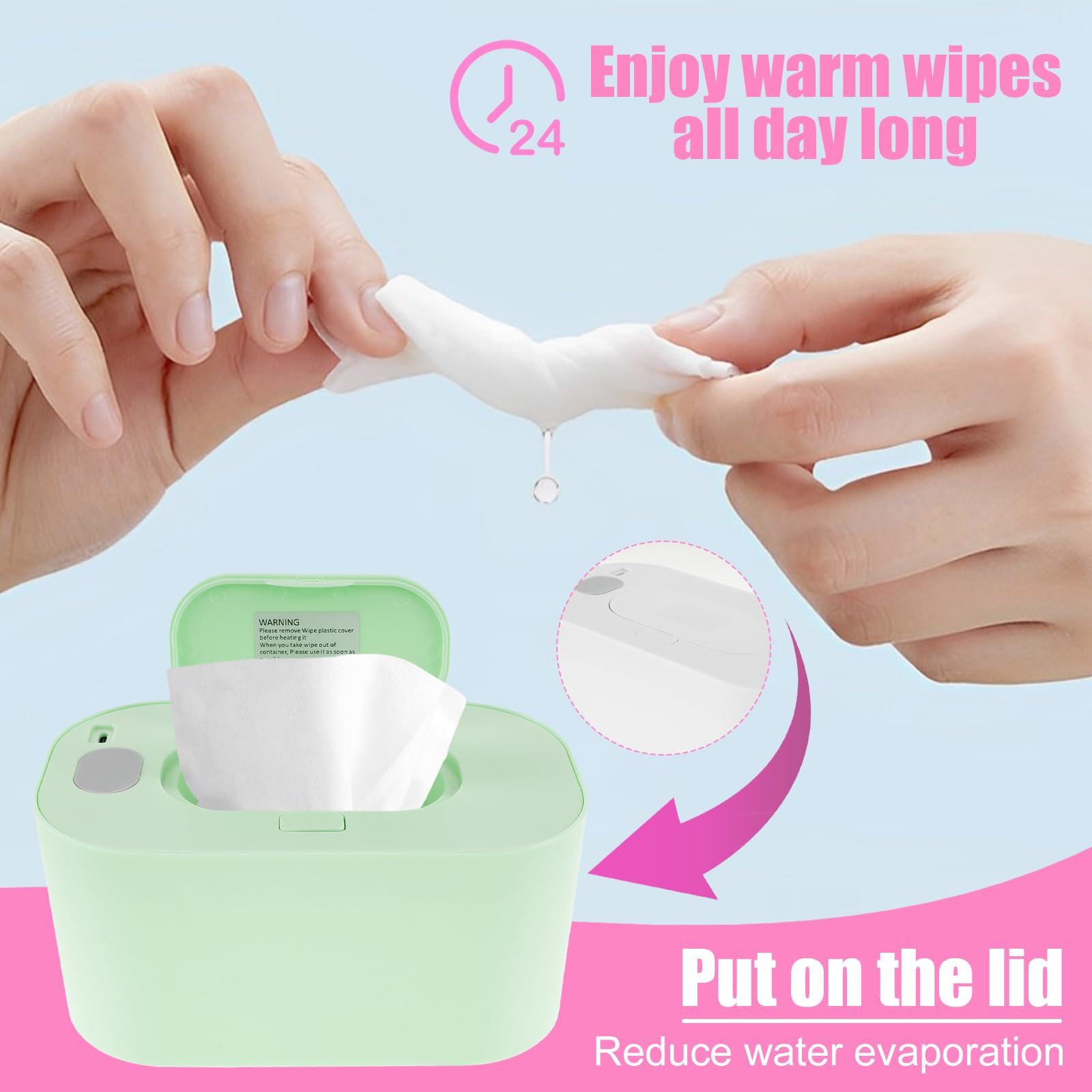 Chauffe-lingettes pour bébé, chauffe-lingettes humides, température constante, portable, empêche le séchage USB, réutilisable, pour voiture, maison, chambre d'enfant (vert)