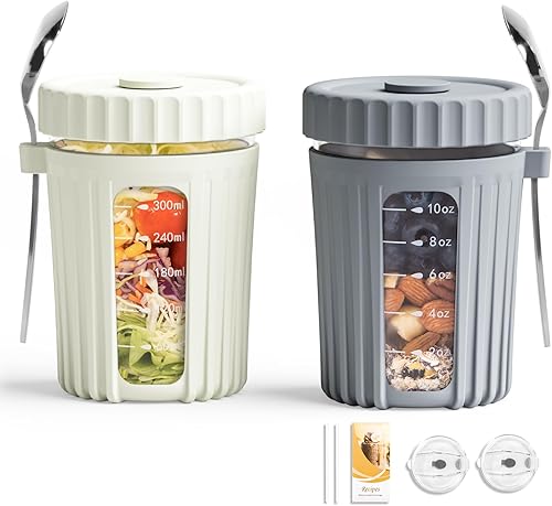 PUNLUXU - Frascos de avena para la noche con cuchara y tapa de 16 oz (paquete de 2), recipiente hermético con marca de medición, de vidrio, tapa