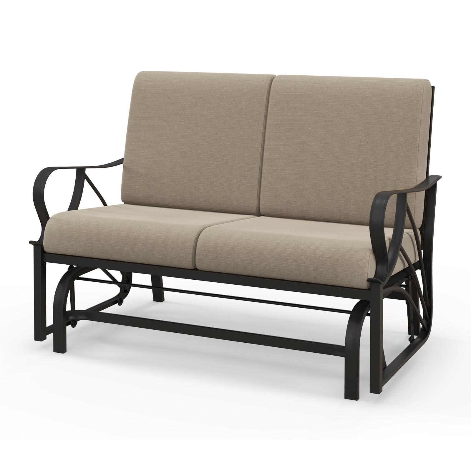KOMFOTTEU 2-Sitzer Schaukelstuhl mit robuster Eisenrahmen, Doppelschaukelstuhl mit abnehmbarem weichem Kissen, Gartenbank mit hoher Rückenlehne & ergonomischen Armlehnen, Khaki