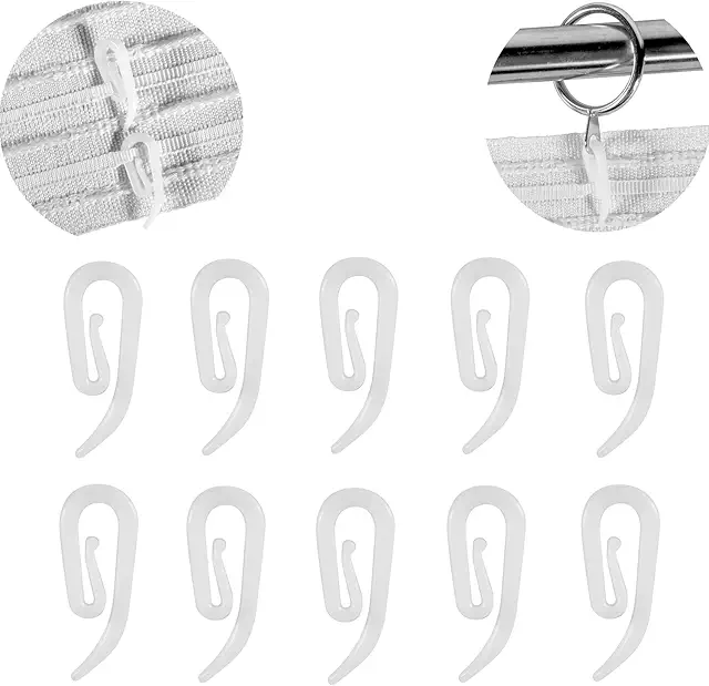 White Plastic Curtain Hooks for Door and Window Curtains - 100 Pack