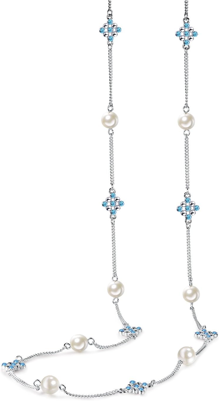 STAR SANDS Meet Sweater Necklace with Shell Pearls, Round Shaped Crystals from Swarovski, Aquamarine Blue