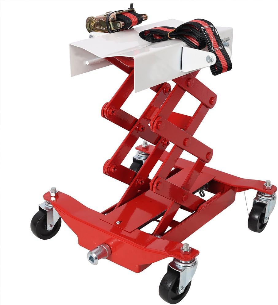 450 LBS Low Lift Transmission Jack, 7"–23" Adjustable Height, Heavy-Duty Steel Auto Repair Jack with Nylon Safety Strap & 4 Swivel Casters for Transmissions and Gas Tanks, Red