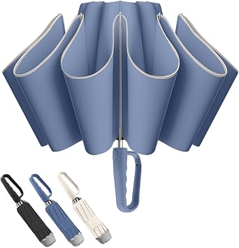 50in Inverted Folding Travel Umbrella Windproof 10Ribs Upside Down Umbrella with Carabiner Handle, Rain Sun Protection for Women Men Black