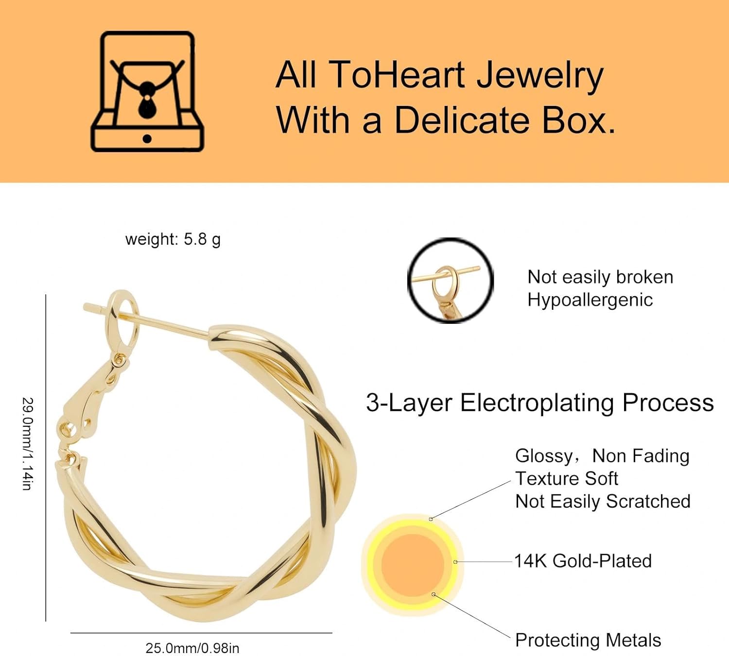 ToHeart Gold Hoop Earrings for Women Twist Hoop Earrings Gold Plated - Image 2