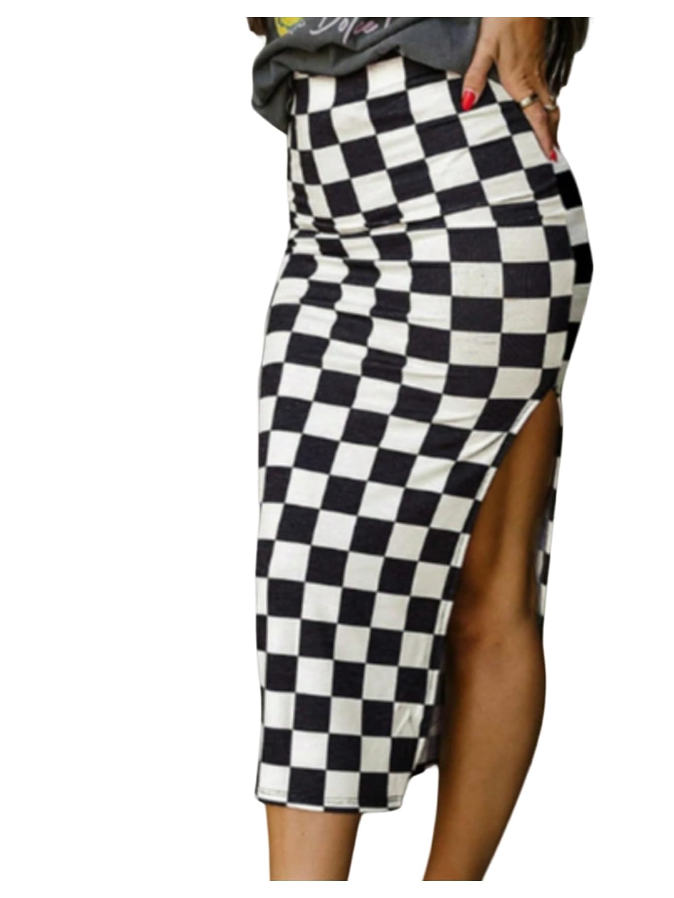 WDIRARA Womens Checkered Bodycon Midi Skirt Split Thigh High Waisted Pencil Skirts