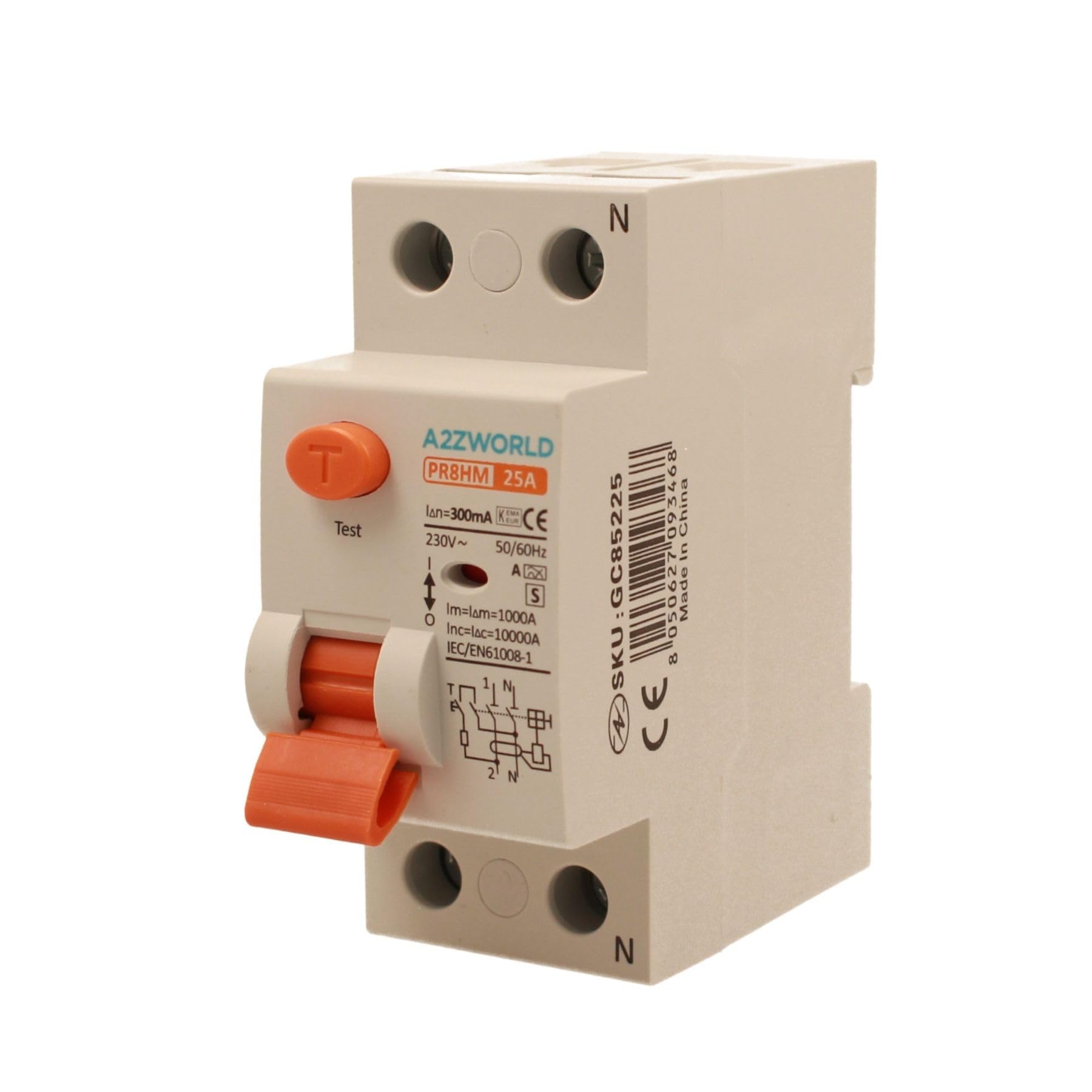 Interrupteur différentiel pur sélectif 25A, RCCB Type S Classe A, 1P+N 10 kA 300 mA, retard 500 ms, 2 modules DIN 230 V AC, certifié IEC61008-1, série PR8HM électromagnétique