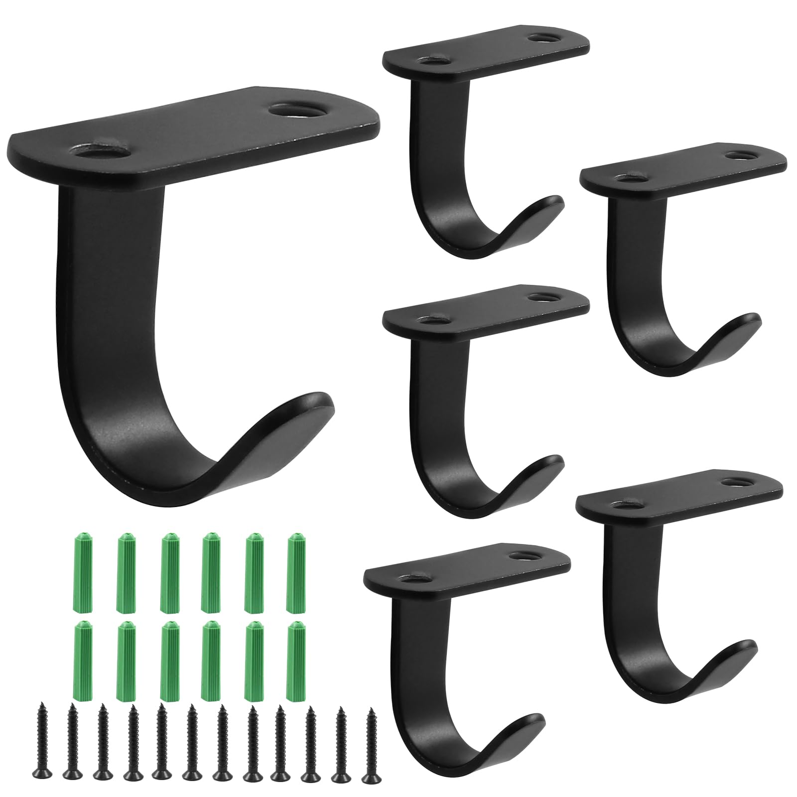 Piutouyar 6 Pack Black Stainless Steel Ceiling Hooks, Heavy Duty Under-Shelf Coat Hook, J-Shape, Rust Resistant, 18 Pounds Weight Capacity, Modern Style, Home Organization or Kitchen Storage