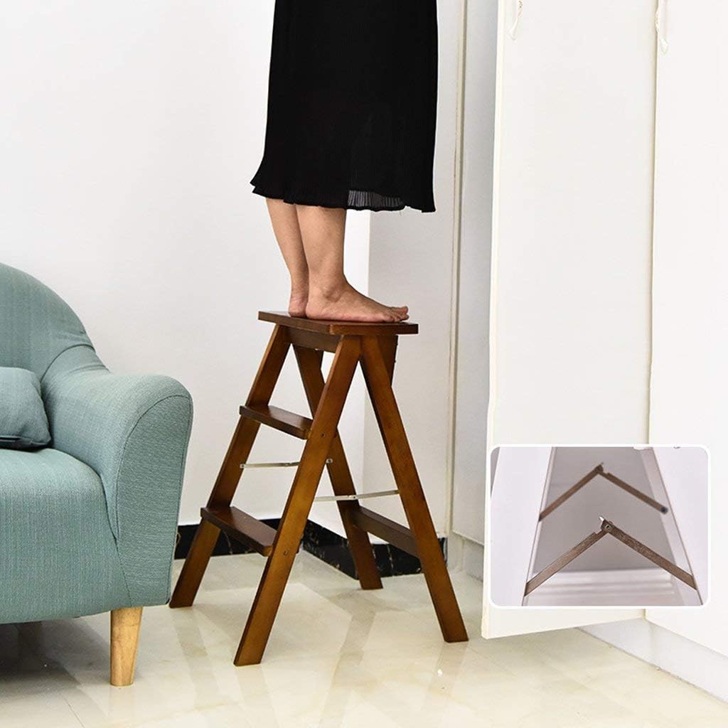2 Step Ladder Solid Wood Folding Ladder Portable Household Kitchen Cutting Table Stool Chair bar Stool (Color : Walnut, Size : 42 * 48 * 64cm)