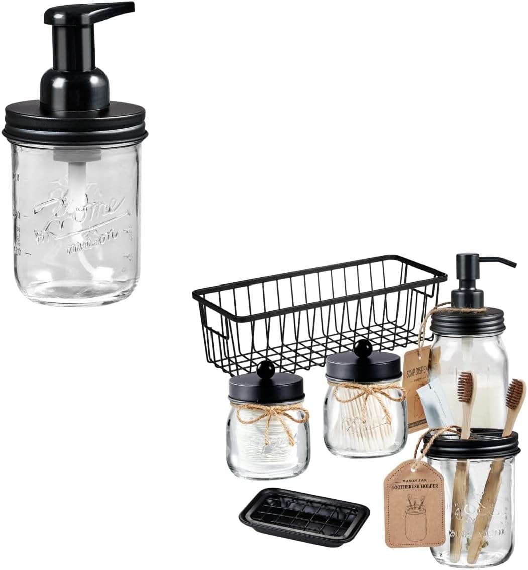 SheeChung 6Pcs Mason Jar Bathroom Accessories Set & Foaming Soap Dispenser Glass Wide Mouth, Farmhouse Bathroom Decor-Black