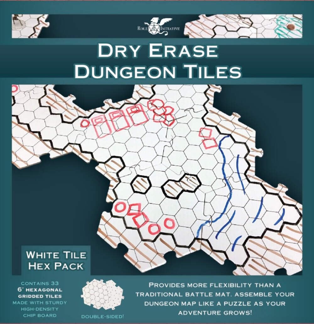 Role 4 Initiative Dry Erase Hexagon Dungeon Tiles - Pack of 33 Six Inch Tiles