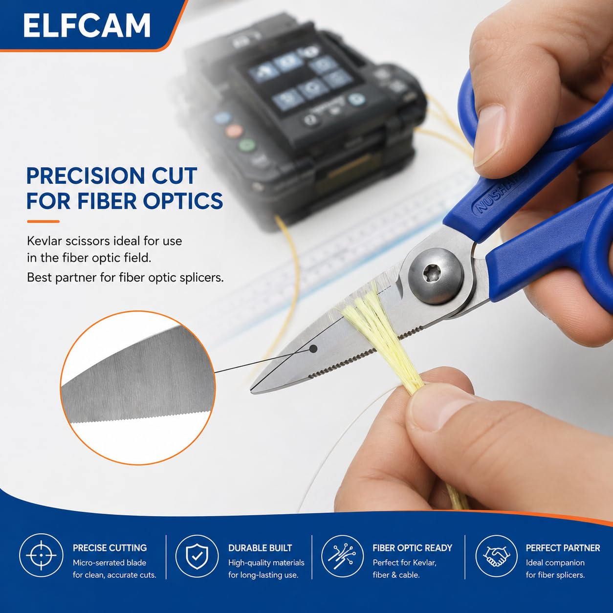 Elfcam Tijeras Multiusos 138 mm de Acero para Kevlar y Fibra Óptica | Tijeras multiusos de 138 mm en acero de aleación para Kevlar, fibra óptica, cables, plástico y uso diario.