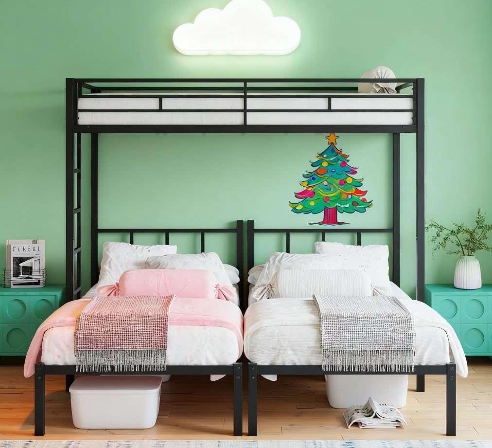 Bellemave Triple Bunk Bed in a room setting, showing the twin over twin configuration with an adjacent twin bed.