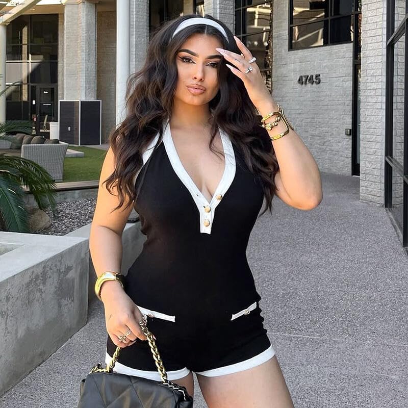 Mandonce Sexy Jumpsuit Cutout One Piece Sleeveless V Neck Backless Button Down Hanging Neck Shorts Jumpsuit Stylish Clubwear - Image 6