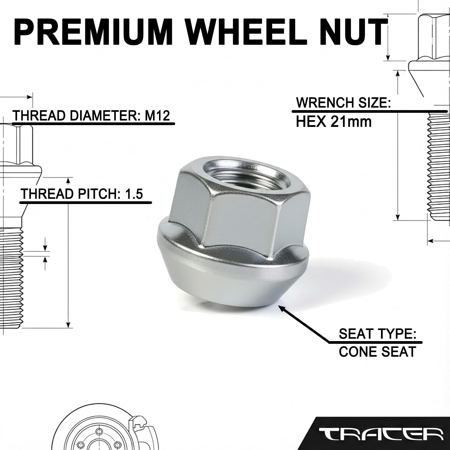 TRACER 20 Écrous Roue M12x1.5 Conique 60° SW 21mm - Compatible Multi-Marques Automobile