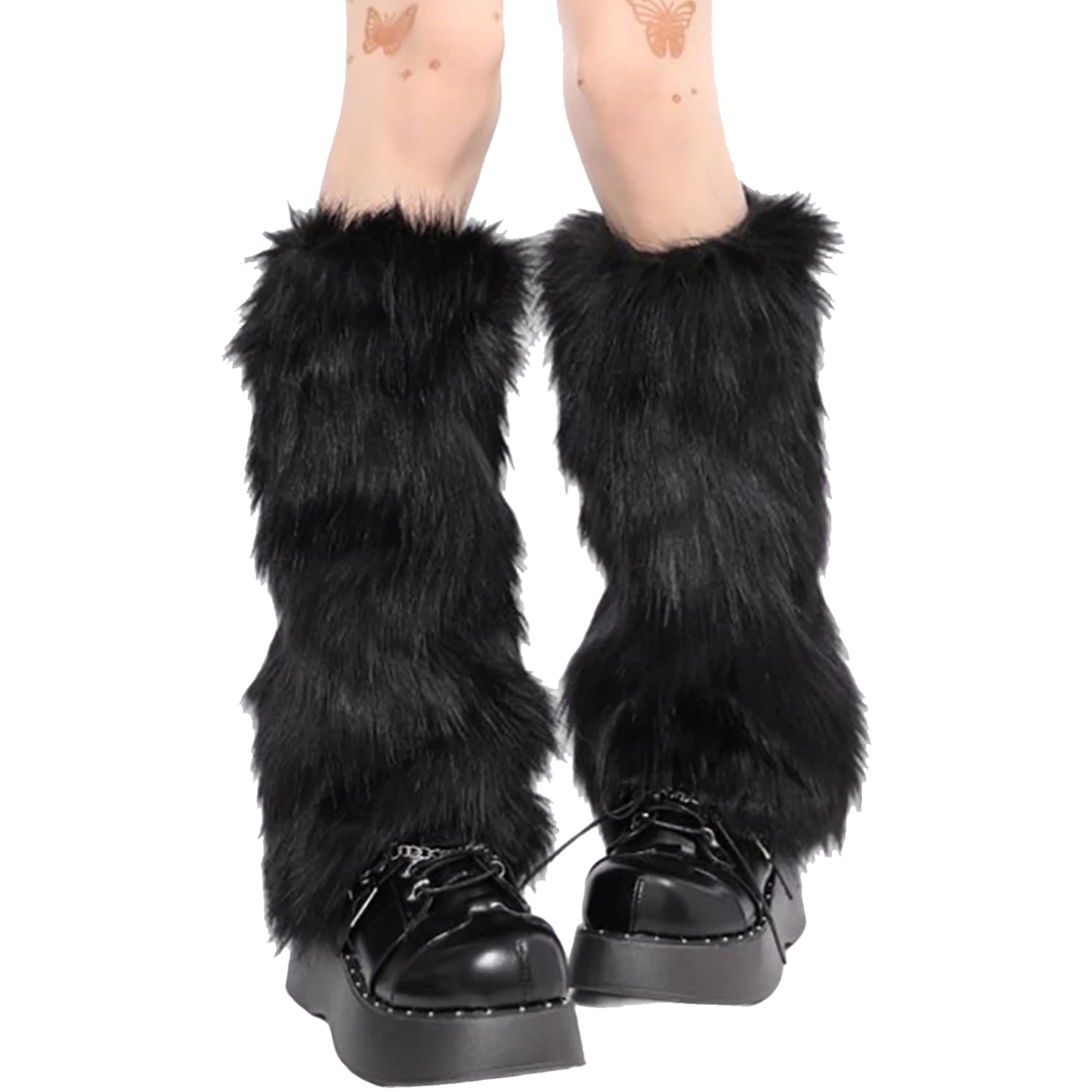 Tsawntd Unisex 40Cm 1 Pair Black Furry Leg Warmers 16 Inch Soft Cozy Black Fuzzy Leg Warmers Fashion Furs Boot Covers For Women Winter