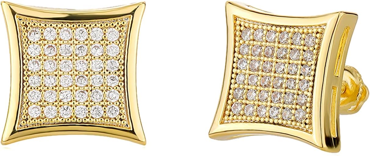 TOPGRILLZ Square Screw Stud Earrings 5A+ Corlorful Cubic Zirconia 14K Gold Sparkle Hypoallergenic Screw Stud Square Flat Earrings For Men Women