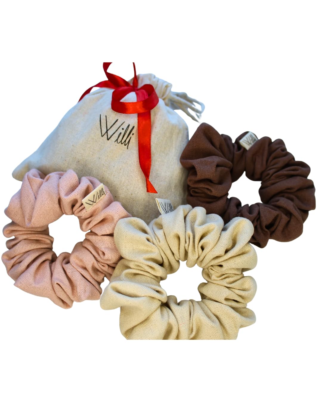 Handmade Linen Scrunchie Bundle for Women – Set of 3 Neutral Hair Ties – 100% Linen Fabric, Gentle on Hair, Woman Gift Set (Mocha)