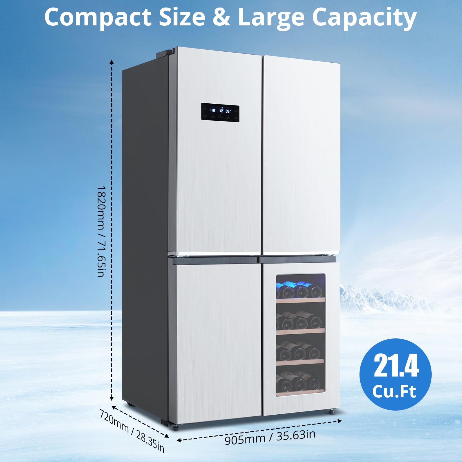 Garveelife 36 In French Door Refrigerator, 21 Cu.Ft. Counter Depth Refrigerator Bottom Freezer With Wine Cabinet, Stainless Steel 4 Doors Fridges Kitchen Freezer, Adjustable Shelves on Fridge.com - View 6