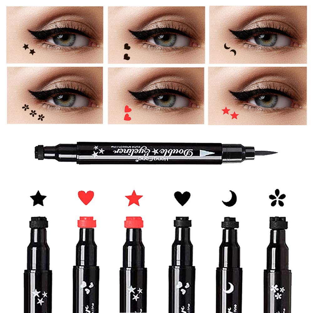 Mysense 6 Pcs Liquid Stamp Eyeliner,Double-sided Seal Eye Liners for Women Waterproof Eyeliner Pencil Eye-liner Stencils,With Black Color of Flowers Heart Moon Star and Red Color of Heart Star