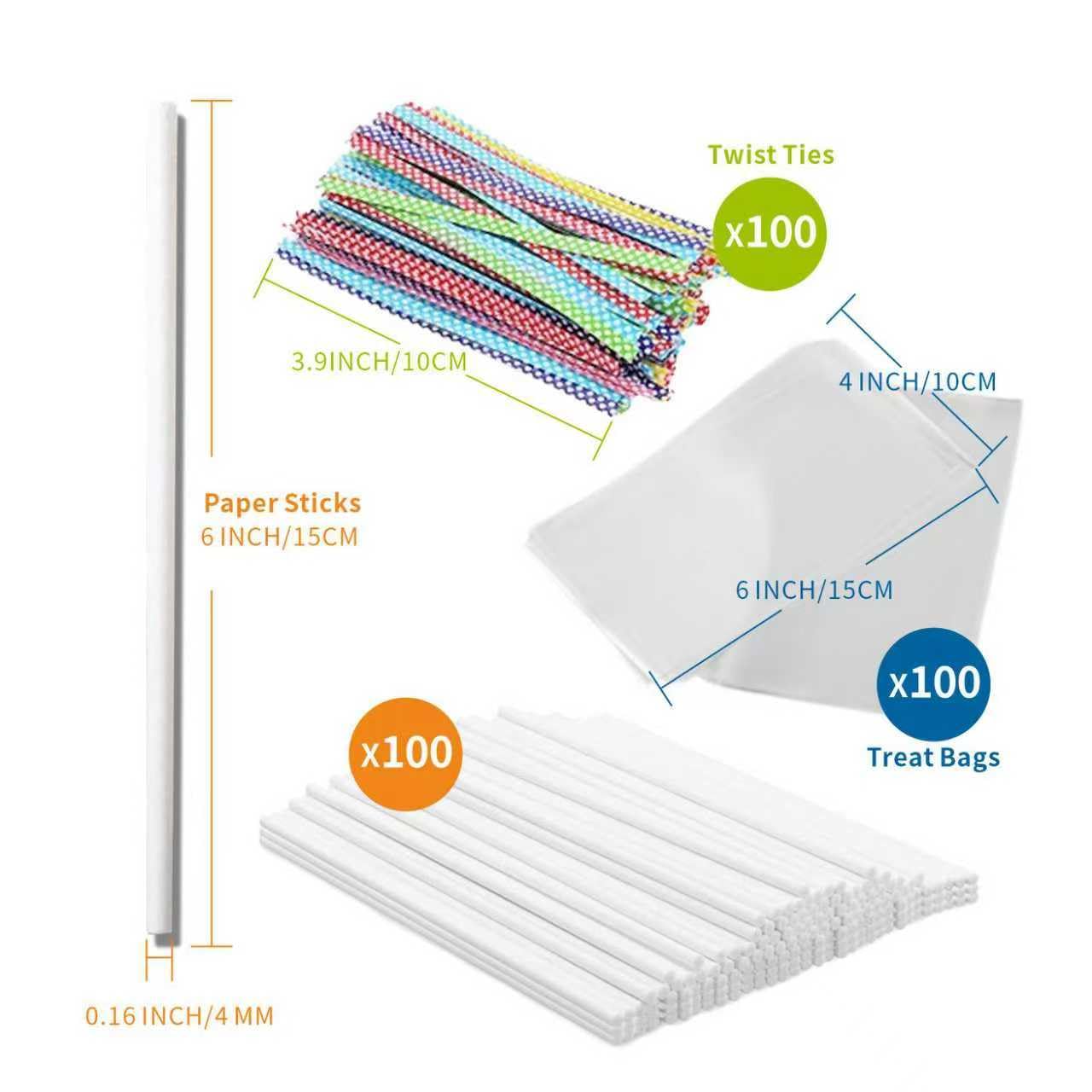 Kit Cake Pop 300 Pièces – 100 Bâtonnets 15 Cm Colorés + 100 Sacs Cellophane Transparents + 100 Attaches Torsadées Pour Sucettes, Chocolats Et Desserts