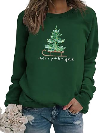 Merry and Bright Sweatshirt Women Christmas Tree Graphic Long Sleeve Shirts Merry Xmas Vacation Pullover Tops