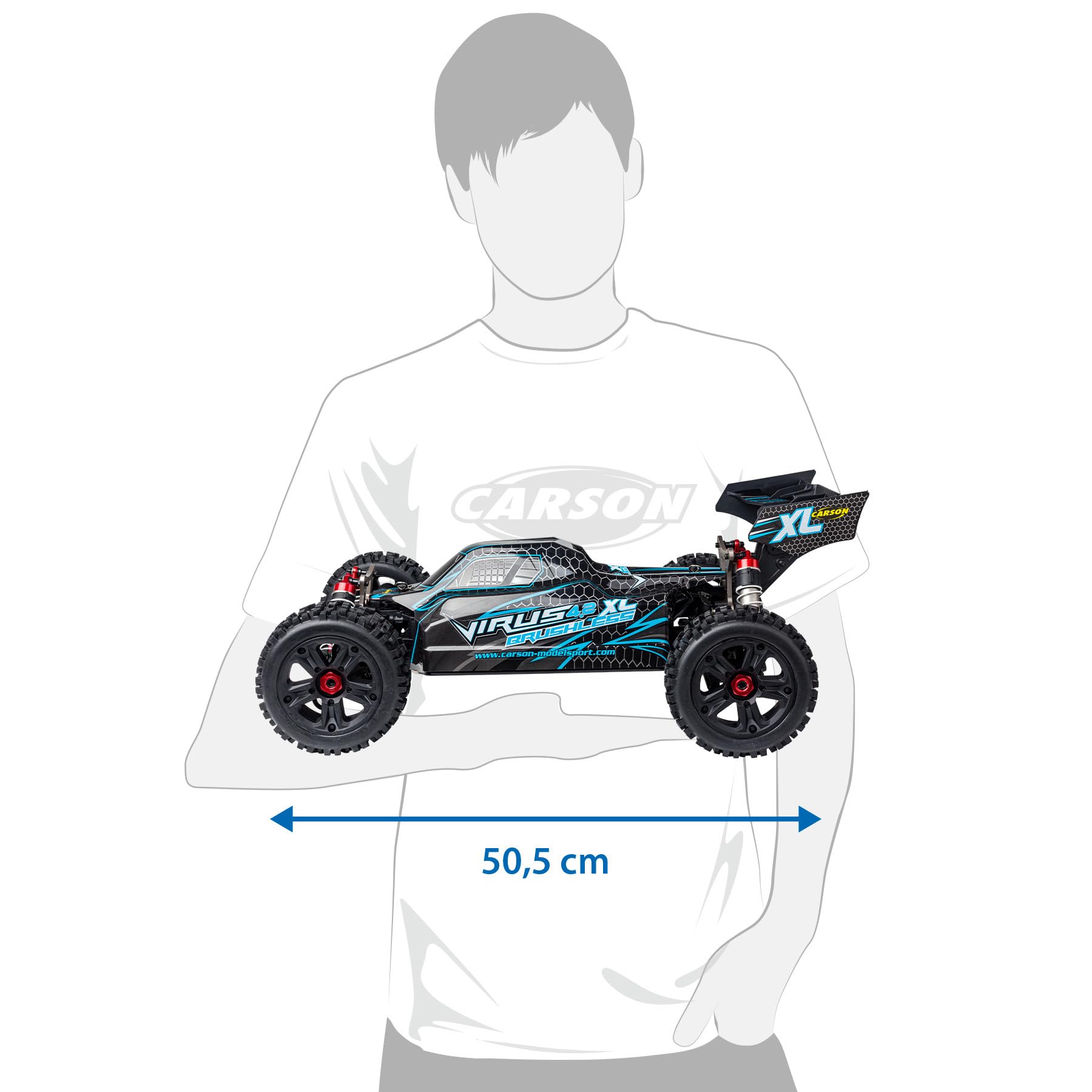 Carson 500409081 1:8 Virus 4.2 XL 100% RTR Negro/Turquesa- Coche RC, Coche teledirigido, Velocidad hasta 80 km/h, Modelo 100% RTR, Mando a Distancia Incluido