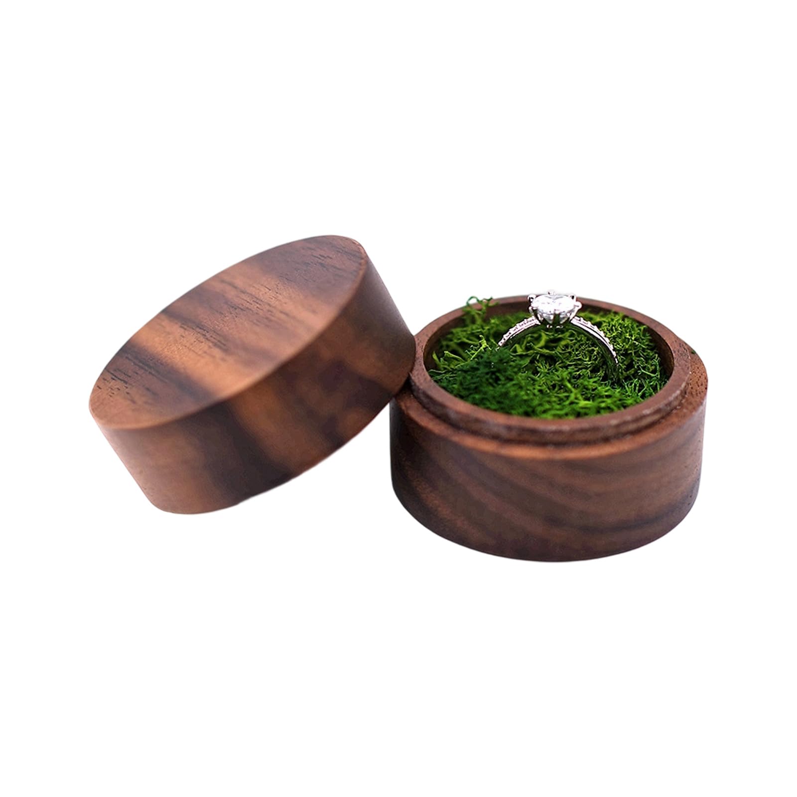 Tsophreniq Moss Round Wood Rings Holder Wedding Rings Display Case Jewellery Organiser Storage Chest For Engagement Proposal Anniversary Container