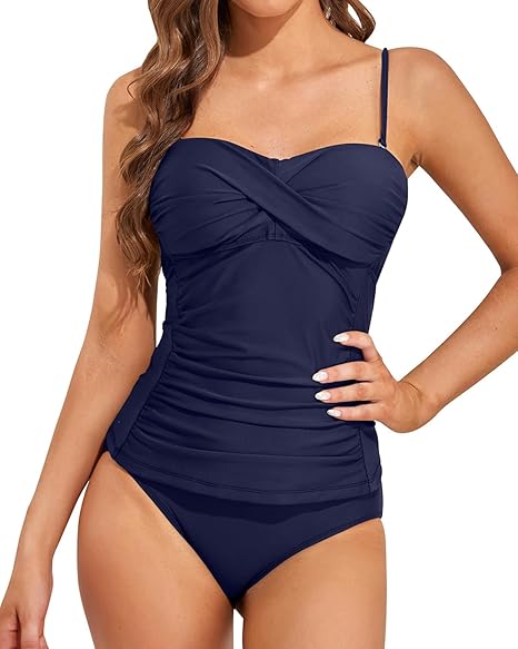Holipick Strapless Tankini Swimsuits for Women Tummy Control Bathing Suits Twist Bandeau Tankini Top with Bikini Bottoms