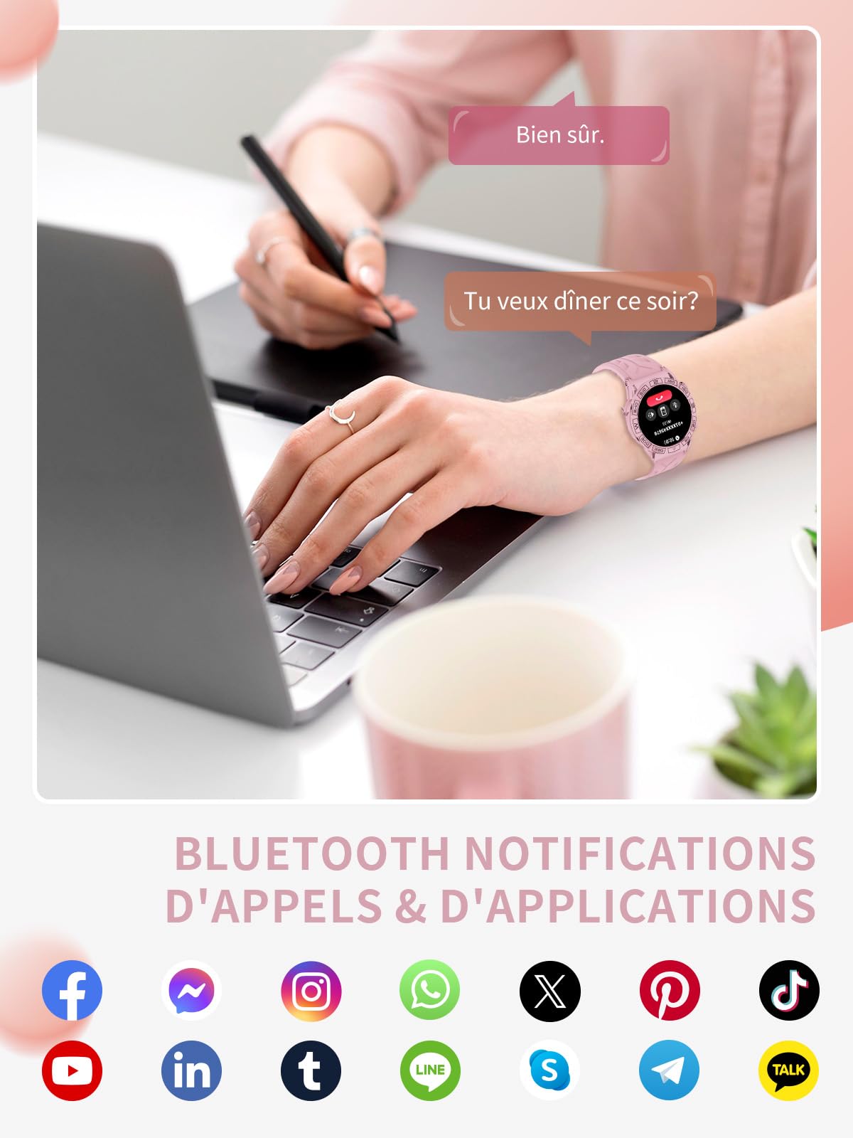 Smartwatch Hombre Mujer 1.43" HD Smartwatch con Llamadas Whatsapp, 1ATM Impermeable, 107+ Modos Deportivos, Seguimiento del sueño, cardíaco para Android iOS (KC80-Pink)