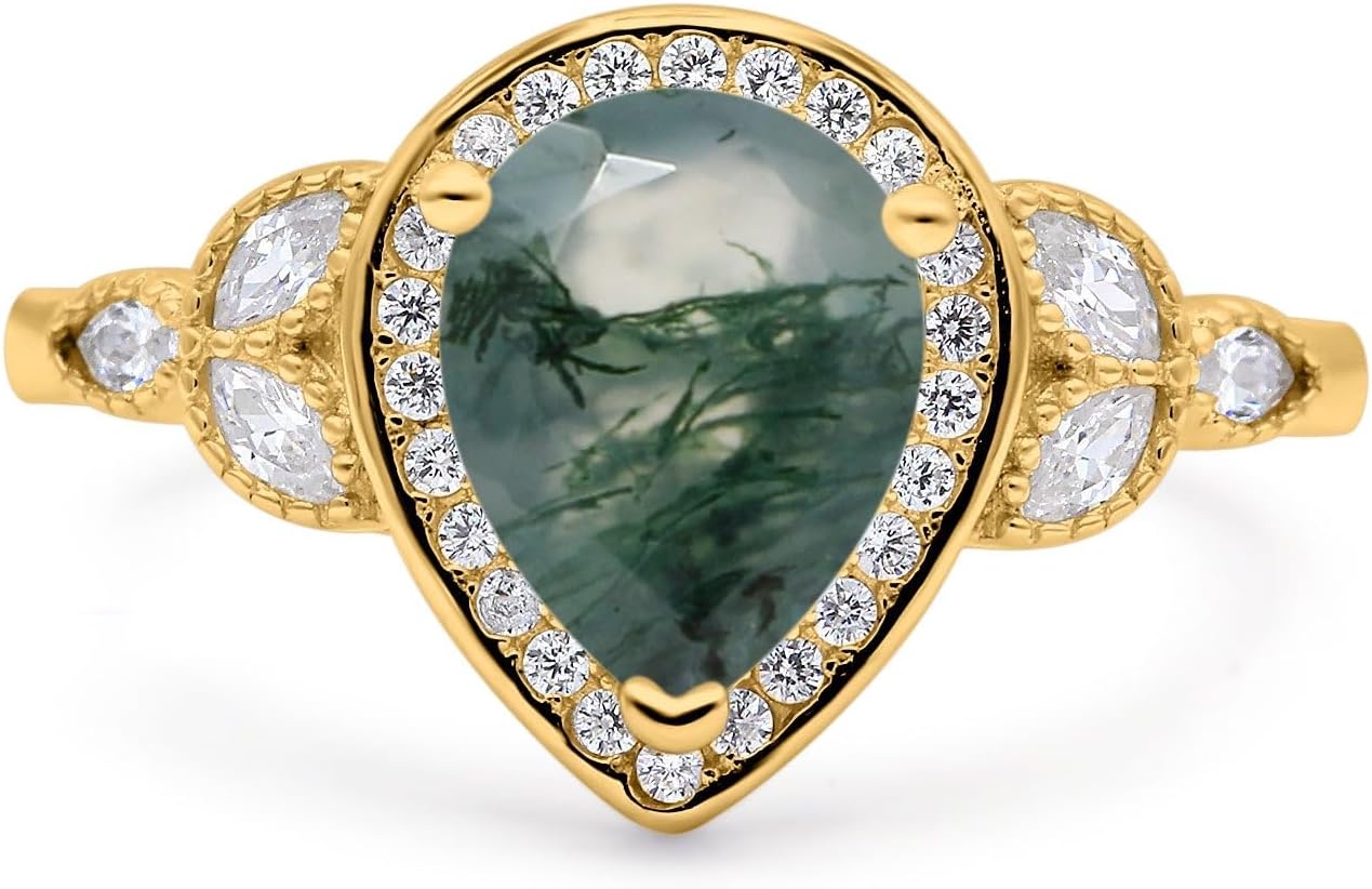 OMRANII Pear Teardrop Natural Green Moss Agate Vintage Rings Halo Leaf Design Marquise CZ Wedding Engagement Ring 925 Sterling Silver Gifts For Her