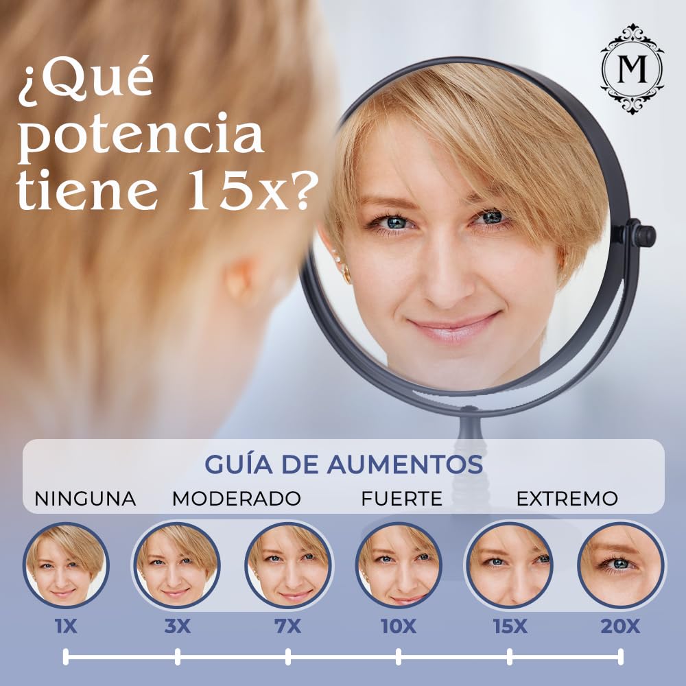 Mirrorvana Espejo de Mesa de 15X aumentos con Soporte - diseño cosmético de Doble Cara 15X y 1X, Ideal para Escritorio, tocador o encimera de baño - 22,9 cm de Alto y 15,24 cm de Ancho (Negro)