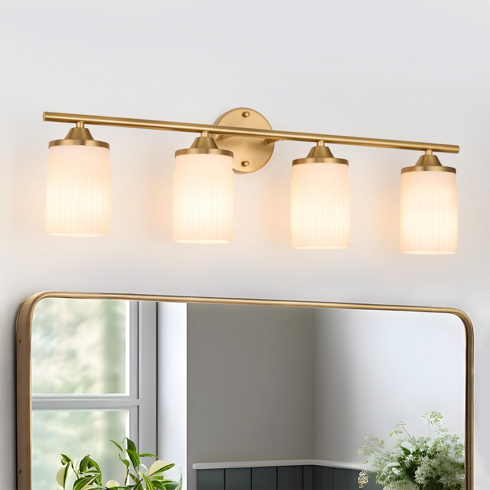 Photo 1 of Jonsi Gold Bathroom Light Fixtures 4-Light Vanity Lights Modern Wall Sconce with Milk White Shade Brushed Brass Bathroom Light Fixture Over Mirror for Bedroom Hallway Kitchen