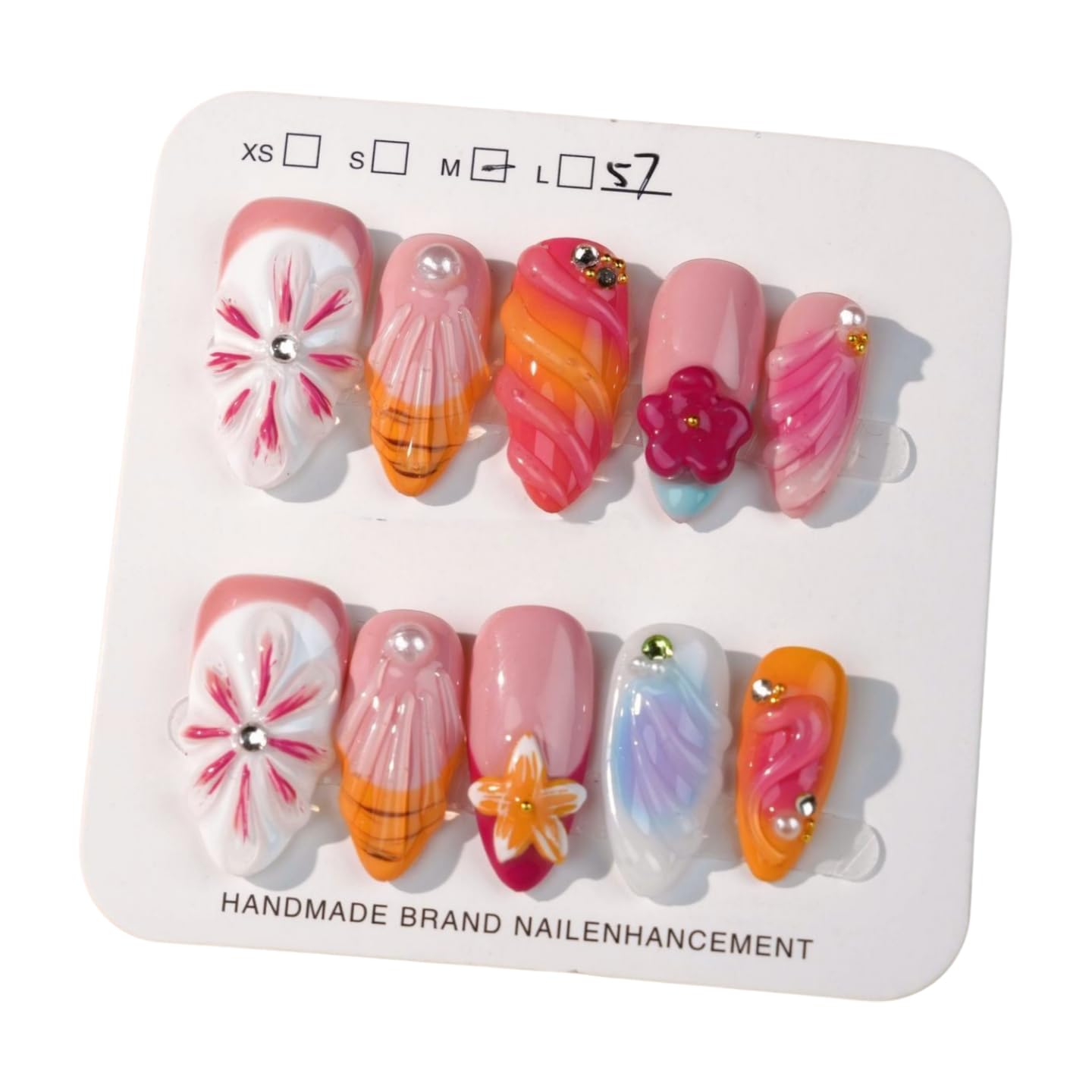 Luxury Handmade 3D Floral Tropical Press-On Nails – Reusable Acrylic False Nails with Pearl & Rhinestone Accents, 10pcs Set for Women (Summer, M) Summer M