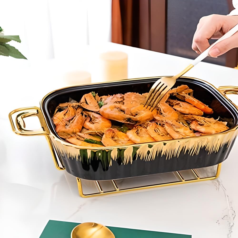 Juego de platos de cerámica, calentador de alimentos para catering, bodas y eventos, incluye tapas y soportes ajustables para botes de combustible