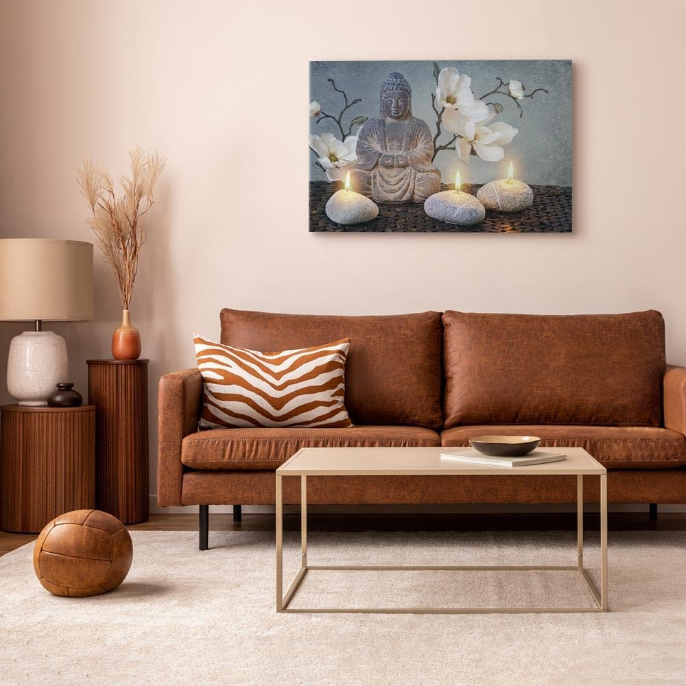 artgeist Acoustic Canvas Wall Art Buddha 35x24 in - 1pcs Picture with Acoustic Foam Sound Print Artwork Room Acoustics Soundproofing - Stone Orchids Feng Shui p-B-0041-b-a