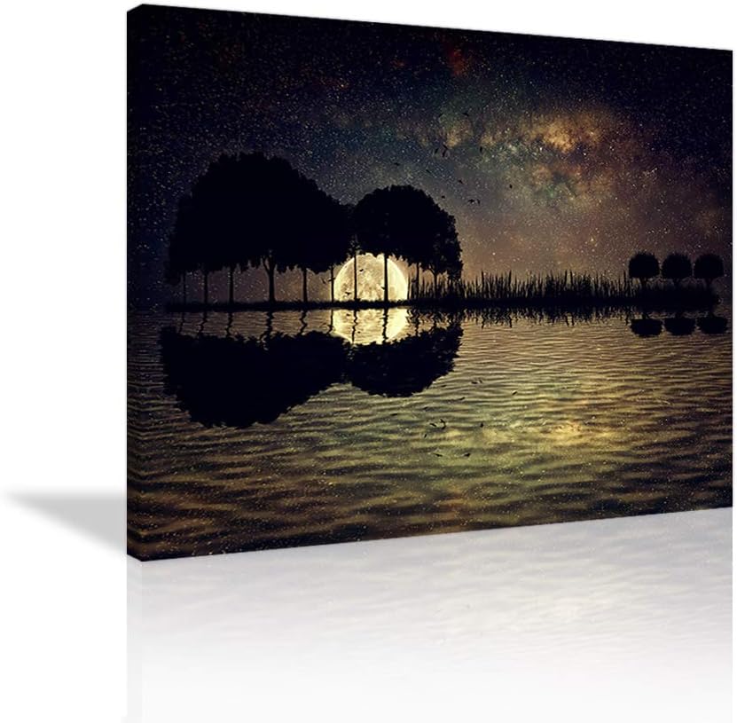 1 Piece Guitar Canvas Wall Art Arranged in a Shape of a Guitar on a Starry Sky Background in a Full Moon Night Painting Image Print for Home Decor Office Frame Ready to Hang