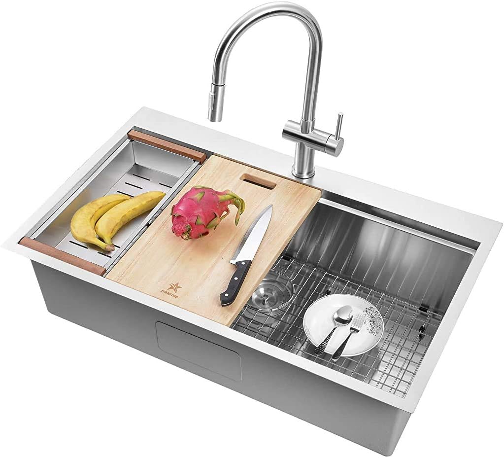 STARSTAR Workstation Ledge Topmount/Drop-in Single Bowl 304 Stainless Steel Kitchen/Yard/Bar/Laundry/Office Sink, With Grid, Wood Hold Colander, Cutting Board, Strainer with basket (28 x 22 x 10)