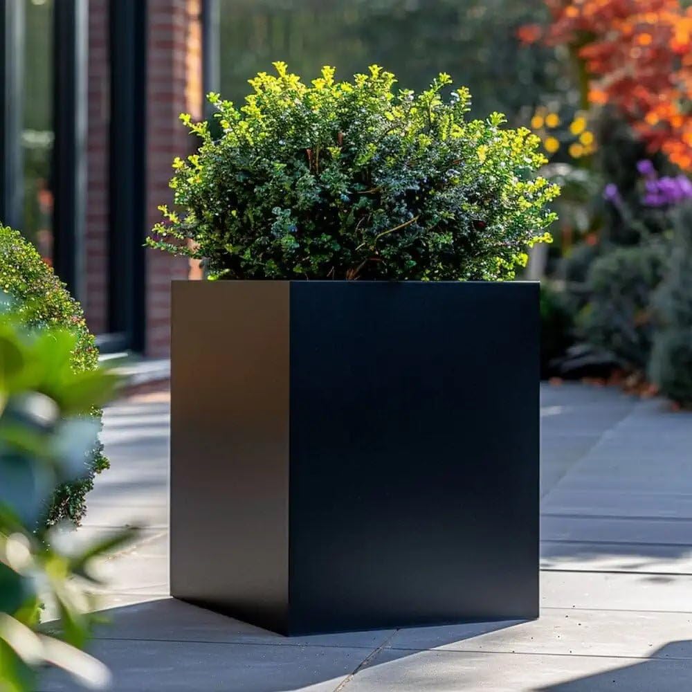 40cm Square Planter - Matte Black - Galvanised Aluzinc - Woven Wood