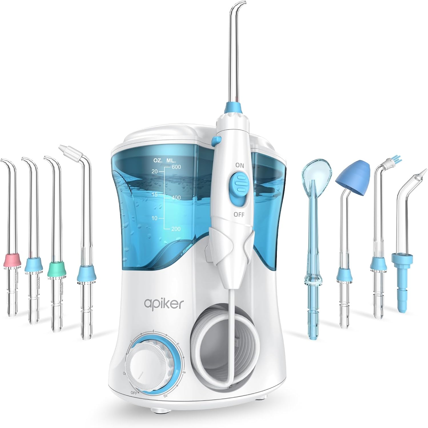 White APIKER WATER FLOSSER electric oral irrigator for home use, 600ml dental water flosser with 8 professional jet tips and 10 pressure settings.