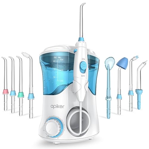 Apiker Munddusche​​ mit 10 Druckstufen– ​​Power Water Flosser​​ mit 8 Düsen (Zahnspange/Zunge/Nase) –5x Stärker als Zahnbürsten– 600ml Zahndusche ​​Mundspülung Elektrisch & ​​Oral Irrigator