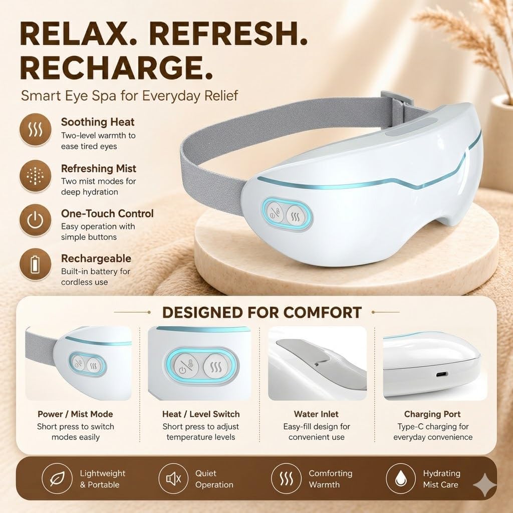 Steam Eye Therapy Pro - Nano Mist Steam Eye Mask for Dry Eyes - Rechargeable Eye Steamer with 2-Level Smart Heat & 10-Minute Auto-Off - Cordless Heated Eye Mask (1PCS)