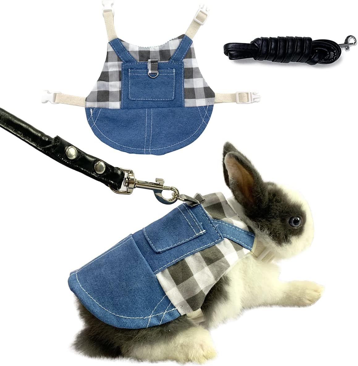 VehomyRabbit Harness and Leash Bunny Clothes for Rabbits Guinea Pig T-Shirt Small Bunny Guinea Pig Blue Denim Black and White Plaid Dress Animals Clothes Costume T-Shirt for Rabbit Guinea Pig S