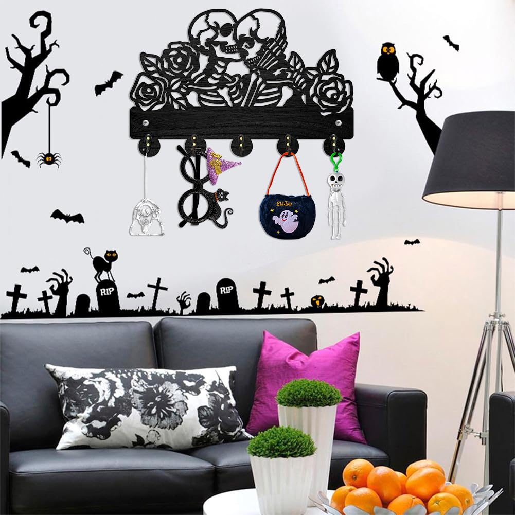 MAYJOYDIY Wood Skeleton Key Hook Wall Mounted Rose Flower Undead Key Holder for Wall 30×20cm Black Key Holder 5 Alloy Hooks Home Decor Gifts Entryway Kitchen Bathroom Storage Organizer - Image 3