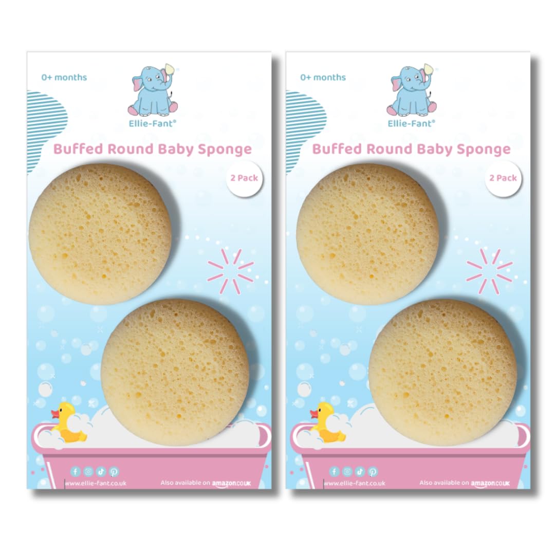 Ellie-Fant Baby Bath Sponge - 4 x Round Buffed Sponges for Everyday Bath for Newborn Children Body Bathing | Safe & Gentle on Sensitive Skin